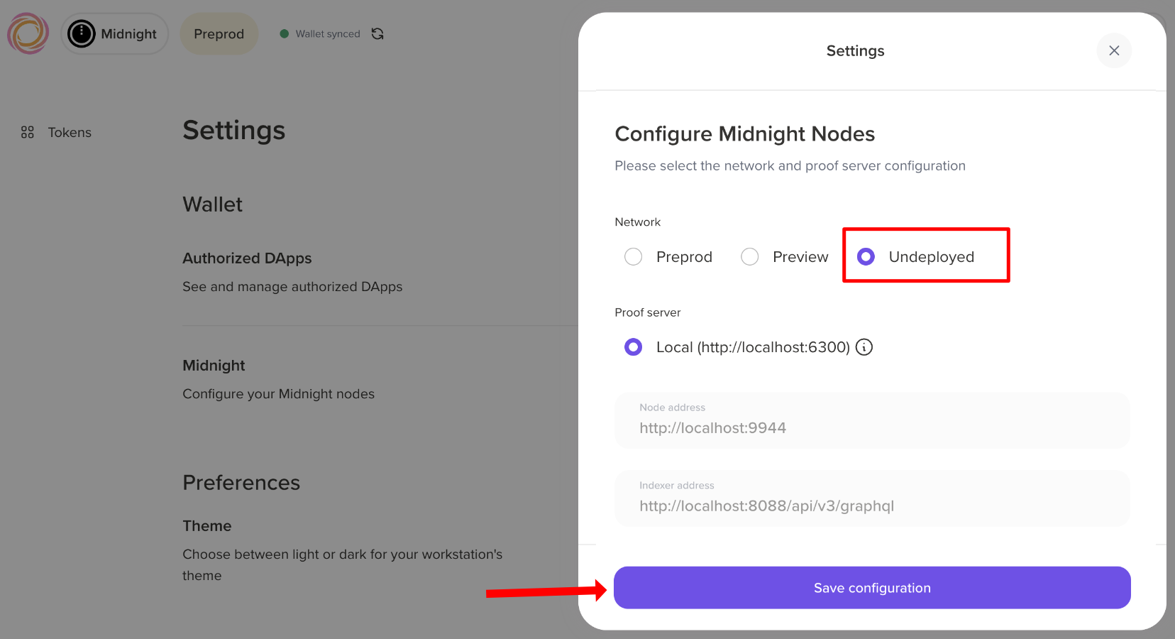 Lace wallet network configuration